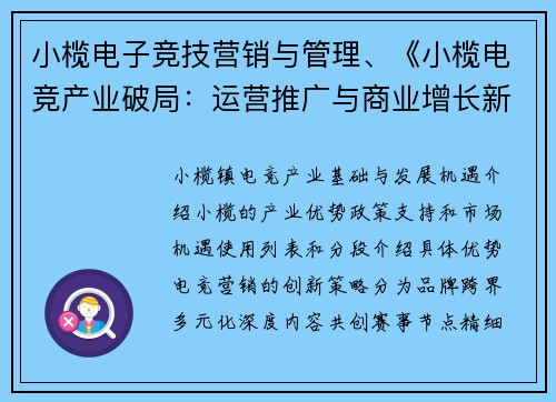 小榄电子竞技营销与管理、《小榄电竞产业破局：运营推广与商业增长新路径》》